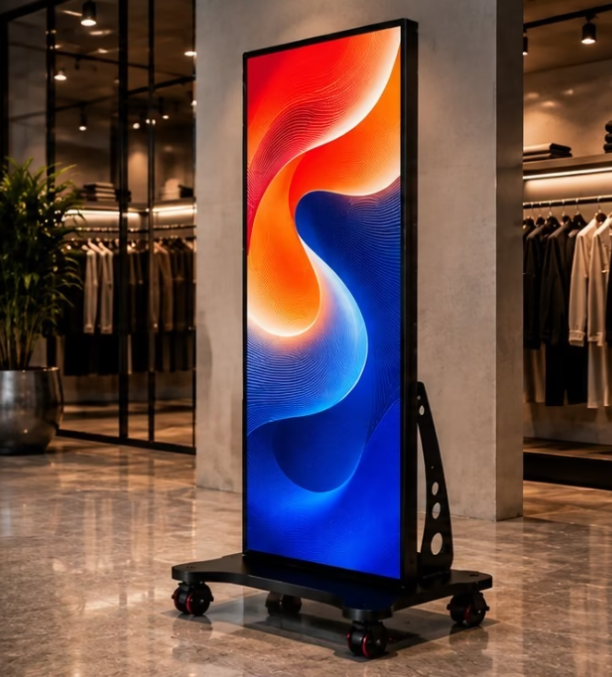 Tótem LED de LEDNI sobre base con ruedas en un local de ropa. La pantalla vertical muestra contenido gráfico naranja y azul a todo color.